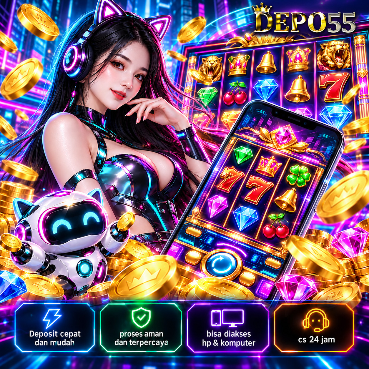 DEPO55: ilustrasi futuristis biru ungu dengan karakter, ponsel dan ikon game
